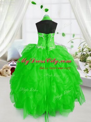 Trendy Halter Top Sleeveless Lace Up Floor Length Appliques and Ruffles Party Dresses