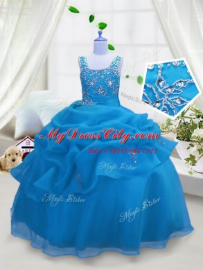 Dramatic Beading and Pick Ups Pageant Dress for Girls Aqua Blue Lace Up Sleeveless Floor Length