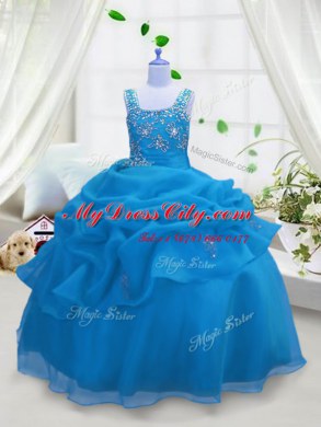 Dramatic Beading and Pick Ups Pageant Dress for Girls Aqua Blue Lace Up Sleeveless Floor Length
