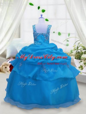 Dramatic Beading and Pick Ups Pageant Dress for Girls Aqua Blue Lace Up Sleeveless Floor Length