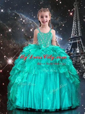 Organza Spaghetti Straps Sleeveless Lace Up Beading and Ruffles Pageant Gowns For Girls in Aqua Blue