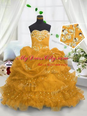 Beautiful Pick Ups Ruffled Floor Length Ball Gowns Sleeveless Gold Kids Formal Wear Lace Up