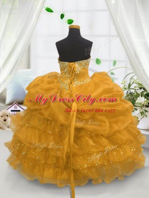 Beautiful Pick Ups Ruffled Floor Length Ball Gowns Sleeveless Gold Kids Formal Wear Lace Up
