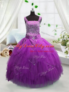 Floor Length Fuchsia Party Dress for Toddlers Tulle Sleeveless Beading and Ruffles