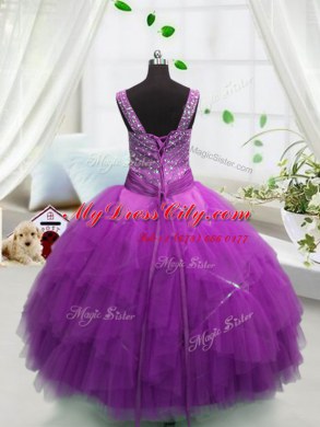 Floor Length Fuchsia Party Dress for Toddlers Tulle Sleeveless Beading and Ruffles