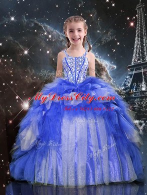 Sweet Floor Length Blue Party Dress Wholesale Organza Sleeveless Beading and Ruffles