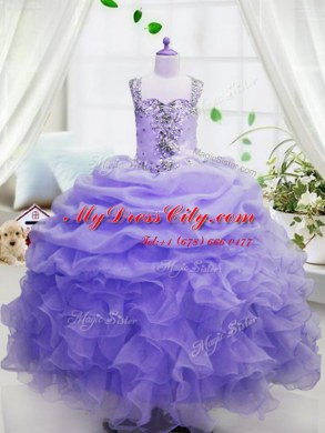 Fashion Floor Length Lavender Pageant Dresses Organza Sleeveless Beading and Ruffles and Pick Ups