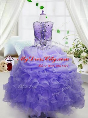 Fashion Floor Length Lavender Pageant Dresses Organza Sleeveless Beading and Ruffles and Pick Ups
