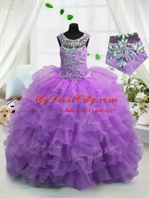 New Style Scoop Sleeveless Organza Floor Length Lace Up Child Pageant Dress in Lavender with Beading and Ruffled Layers