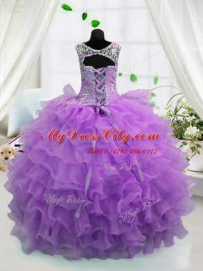 New Style Scoop Sleeveless Organza Floor Length Lace Up Child Pageant Dress in Lavender with Beading and Ruffled Layers