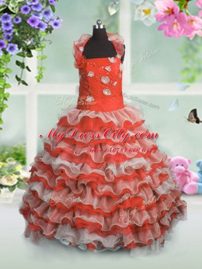 Top Selling Straps Sleeveless Winning Pageant Gowns Floor Length Beading and Appliques and Ruffled Layers Coral Red Organza