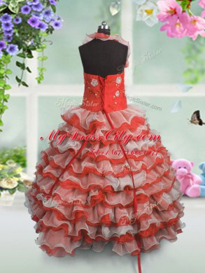 Top Selling Straps Sleeveless Winning Pageant Gowns Floor Length Beading and Appliques and Ruffled Layers Coral Red Organza