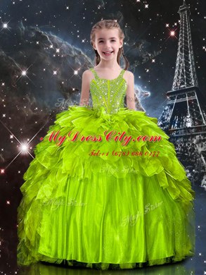 Organza Spaghetti Straps Sleeveless Lace Up Beading and Ruffles Little Girls Pageant Dress Wholesale in Yellow Green