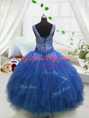 Best Royal Blue Lace Up Pageant Gowns For Girls Beading and Ruffles Sleeveless Floor Length