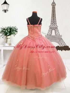Modern Watermelon Red Spaghetti Straps Neckline Beading and Appliques Winning Pageant Gowns Sleeveless Zipper