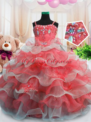Beading and Ruffled Layers Little Girl Pageant Dress Red Zipper Sleeveless Floor Length