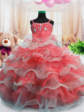 Beading and Ruffled Layers Little Girl Pageant Dress Red Zipper Sleeveless Floor Length