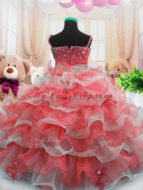 Beading and Ruffled Layers Little Girl Pageant Dress Red Zipper Sleeveless Floor Length