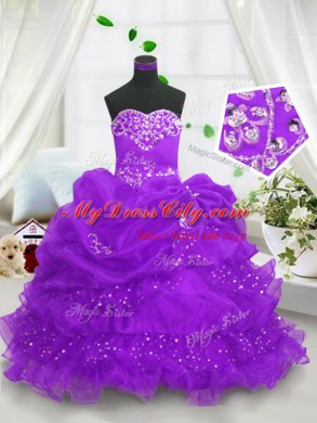 Purple Sleeveless Beading and Ruffled Layers and Pick Ups Floor Length Kids Pageant Dress