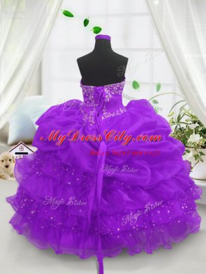 Purple Sleeveless Beading and Ruffled Layers and Pick Ups Floor Length Kids Pageant Dress