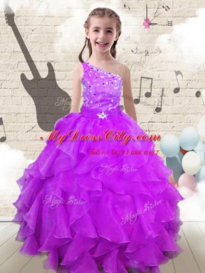 One Shoulder Organza Sleeveless Floor Length Glitz Pageant Dress and Beading and Ruffles
