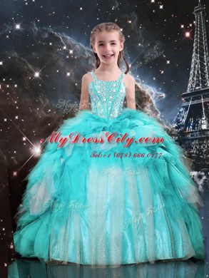 Fantastic Aqua Blue Spaghetti Straps Neckline Beading and Ruffles Kids Formal Wear Sleeveless Lace Up