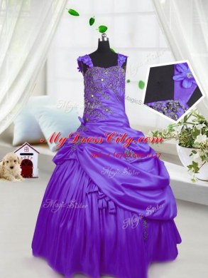 Purple Sleeveless Floor Length Beading and Pick Ups Lace Up Little Girl Pageant Dress