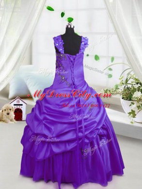 Purple Sleeveless Floor Length Beading and Pick Ups Lace Up Little Girl Pageant Dress