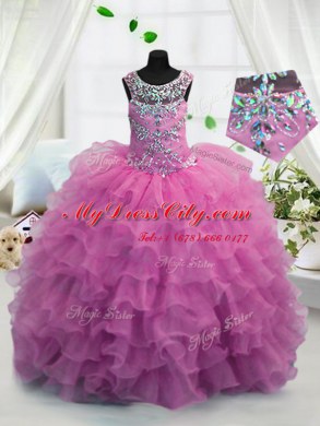 Adorable Scoop Sleeveless Girls Pageant Dresses Floor Length Beading and Ruffled Layers Fuchsia Organza