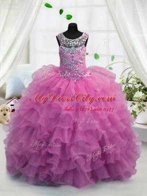 Adorable Scoop Sleeveless Girls Pageant Dresses Floor Length Beading and Ruffled Layers Fuchsia Organza