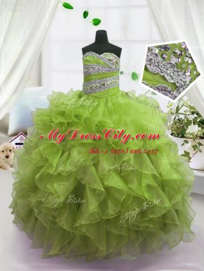 Attractive Olive Green Sleeveless Beading and Ruffles Floor Length Winning Pageant Gowns