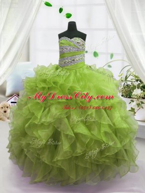 Attractive Olive Green Sleeveless Beading and Ruffles Floor Length Winning Pageant Gowns