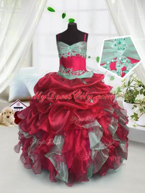 Beading and Ruffles Party Dress for Toddlers Red Lace Up Sleeveless Floor Length