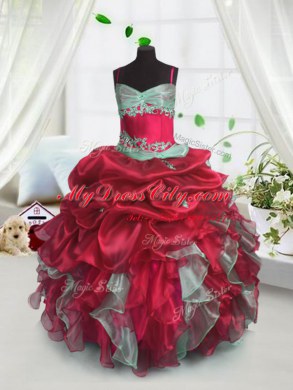 Beading and Ruffles Party Dress for Toddlers Red Lace Up Sleeveless Floor Length