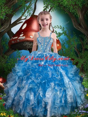 Blue Ball Gowns Beading and Ruffles Kids Pageant Dress Lace Up Organza Sleeveless Floor Length