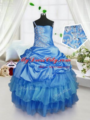 Eye-catching Baby Blue Organza Lace Up Party Dresses Sleeveless Floor Length Beading and Ruffled Layers and Pick Ups