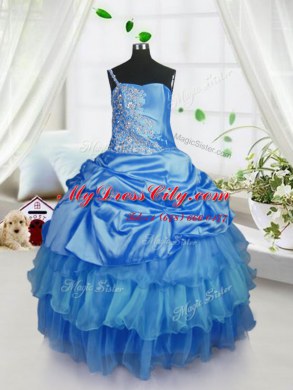 Eye-catching Baby Blue Organza Lace Up Party Dresses Sleeveless Floor Length Beading and Ruffled Layers and Pick Ups