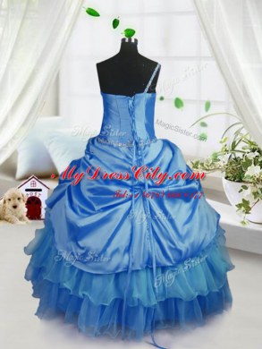 Eye-catching Baby Blue Organza Lace Up Party Dresses Sleeveless Floor Length Beading and Ruffled Layers and Pick Ups