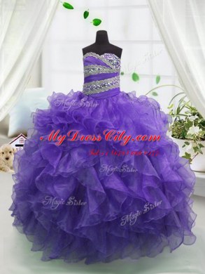 Custom Fit Eggplant Purple Lace Up Sweetheart Beading and Ruffles Party Dress Wholesale Organza Sleeveless