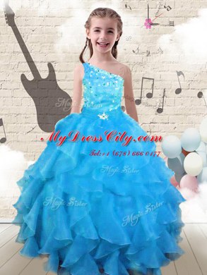 Best One Shoulder Sleeveless Custom Made Floor Length Beading and Ruffles Aqua Blue Organza
