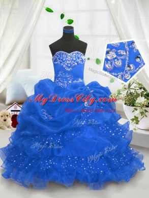 Floor Length Blue Party Dresses Organza Sleeveless Beading and Ruffled Layers and Pick Ups