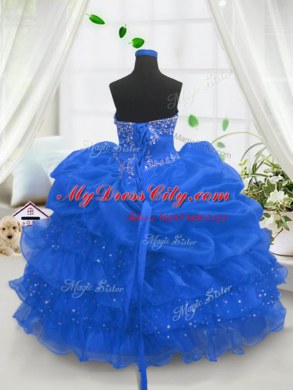 Floor Length Blue Party Dresses Organza Sleeveless Beading and Ruffled Layers and Pick Ups