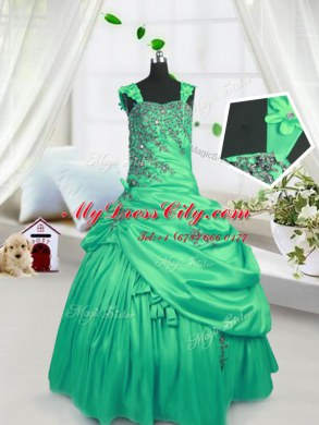Fancy Green Satin Lace Up Straps Sleeveless Floor Length Winning Pageant Gowns Beading and Pick Ups