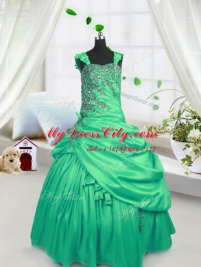 Fancy Green Satin Lace Up Straps Sleeveless Floor Length Winning Pageant Gowns Beading and Pick Ups