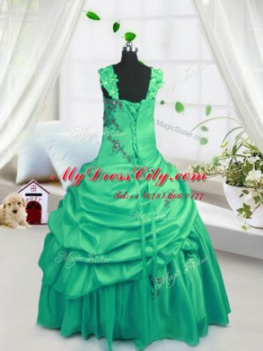 Fancy Green Satin Lace Up Straps Sleeveless Floor Length Winning Pageant Gowns Beading and Pick Ups