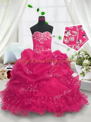 Adorable Hot Pink Lace Up Pageant Dress Womens Beading and Ruffled Layers and Pick Ups Sleeveless Floor Length