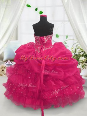Adorable Hot Pink Lace Up Pageant Dress Womens Beading and Ruffled Layers and Pick Ups Sleeveless Floor Length