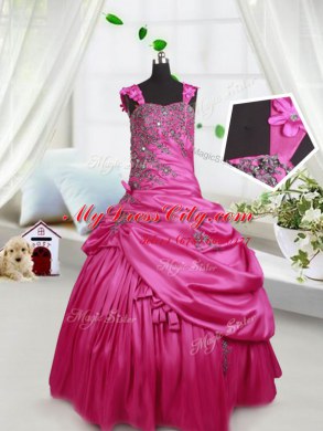 Pick Ups Floor Length Hot Pink Girls Pageant Dresses Straps Sleeveless Lace Up