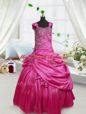Pick Ups Floor Length Hot Pink Girls Pageant Dresses Straps Sleeveless Lace Up
