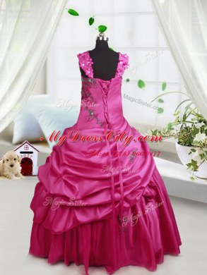 Pick Ups Floor Length Hot Pink Girls Pageant Dresses Straps Sleeveless Lace Up